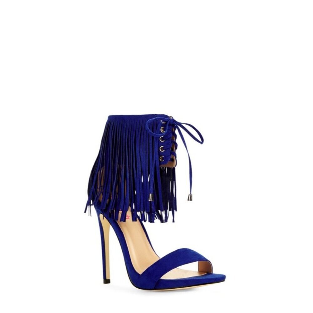 Stylewatch for Justfab Sosha Cobalt Blue Suede Leather Fringed caged heels sz 8